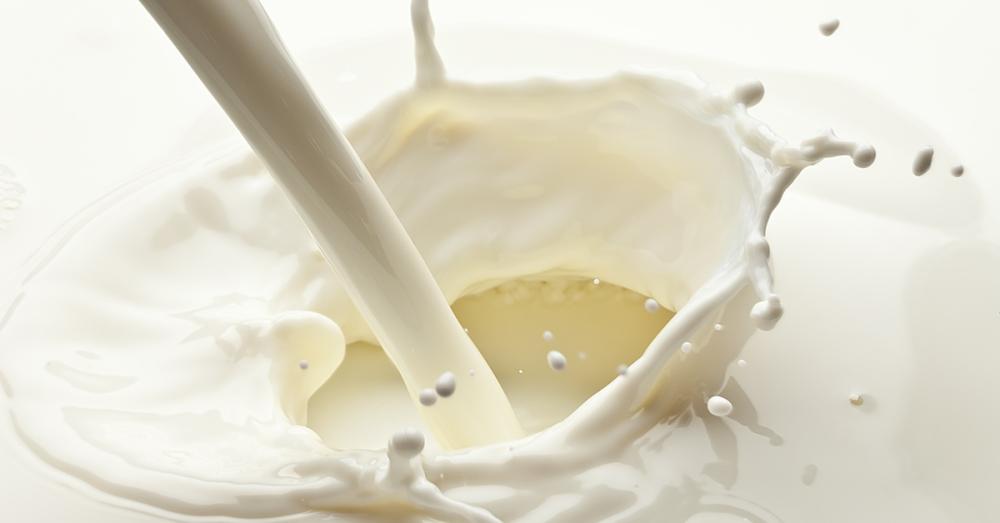 Milk flows from the upper left into a creamy pool of more milk, creating a circular splash with scattered droplets.