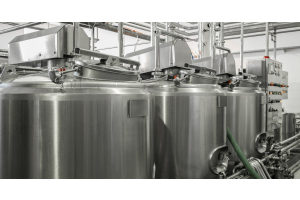 A row of three medium-sized, vertical, metal bulk milk tanks with various pipes, hoses, and gauges connected to them.