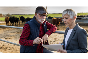 A older man and woman conversing about the contents on a clipboard held by a woman in front of a stable of cattle.