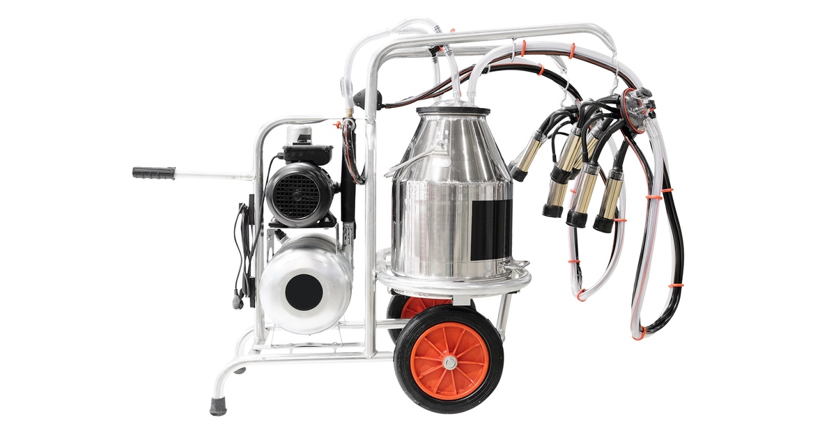  A portable milking machine with a milking cluster, pulsator, and stainless steel bucket on a wheeled support frame.