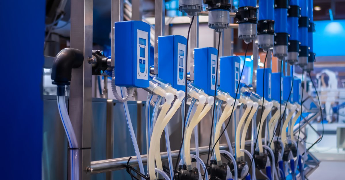 A facility with numerous milking machines that use blue digital consoles lined up in a row with numerous tubes.